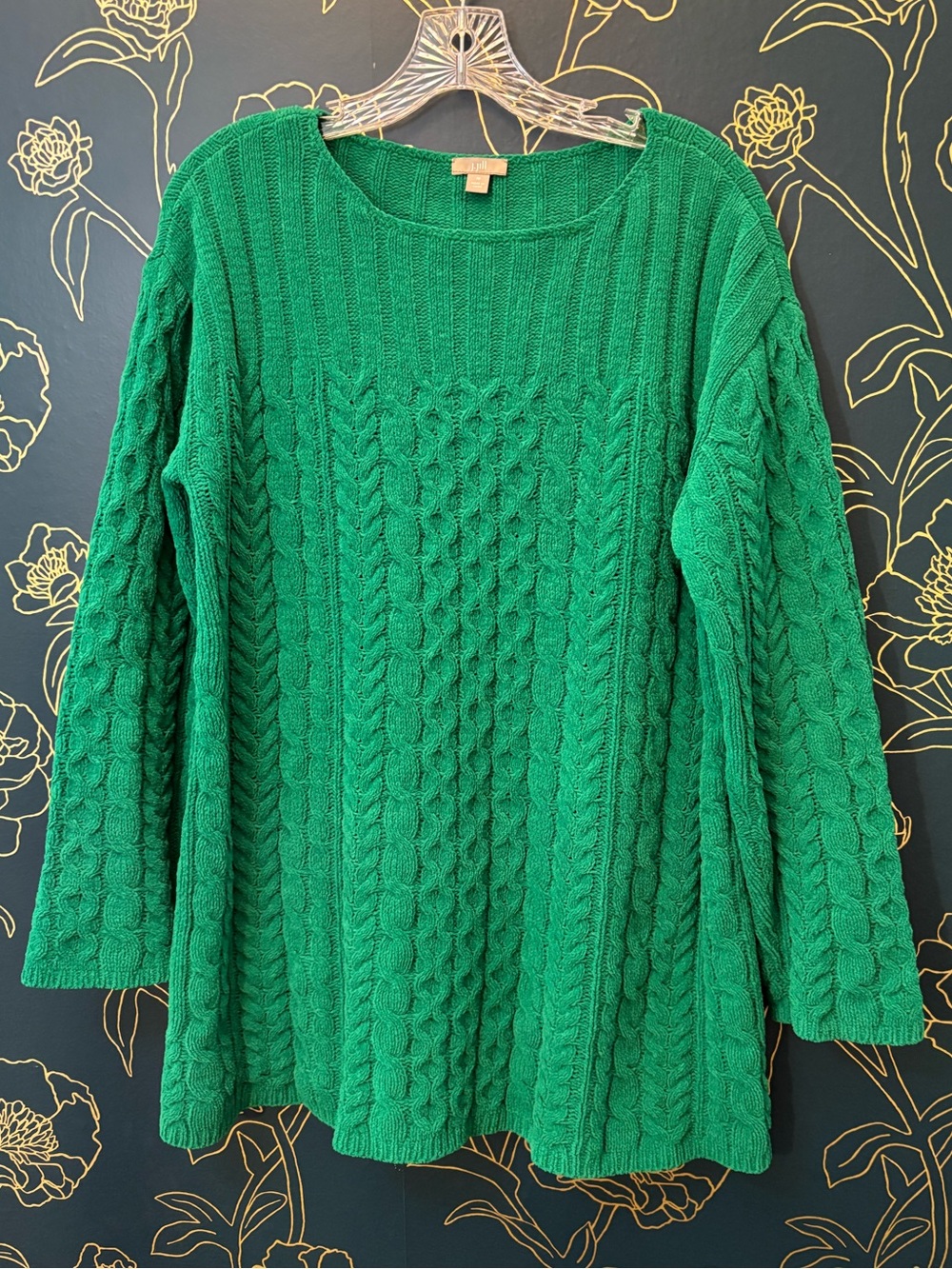 J JILL KELLY GREEN chenille CABLE KNIT tunic sweater MEDIUM
